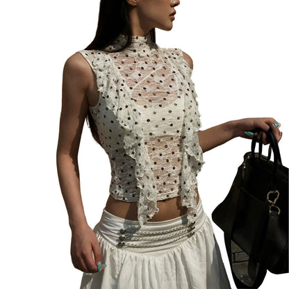 SXR K6L10937A summer polka dot lace see-through turtleneck top