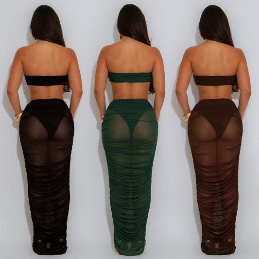 XYZ C7529 tube top see-through mesh long dress two-piece set