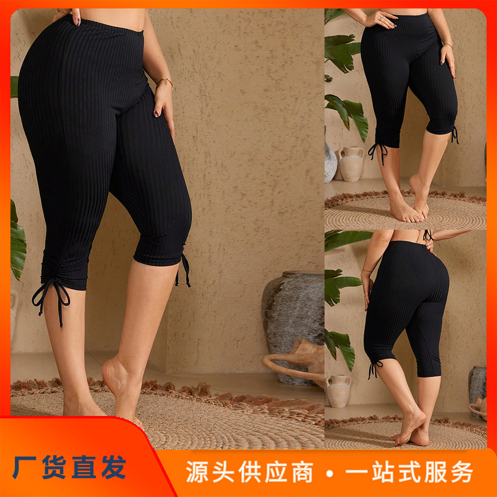 CL (L-4XL) drawstring large size swimsuit women's fifth pants high waist boxer mid-length swimming trunks