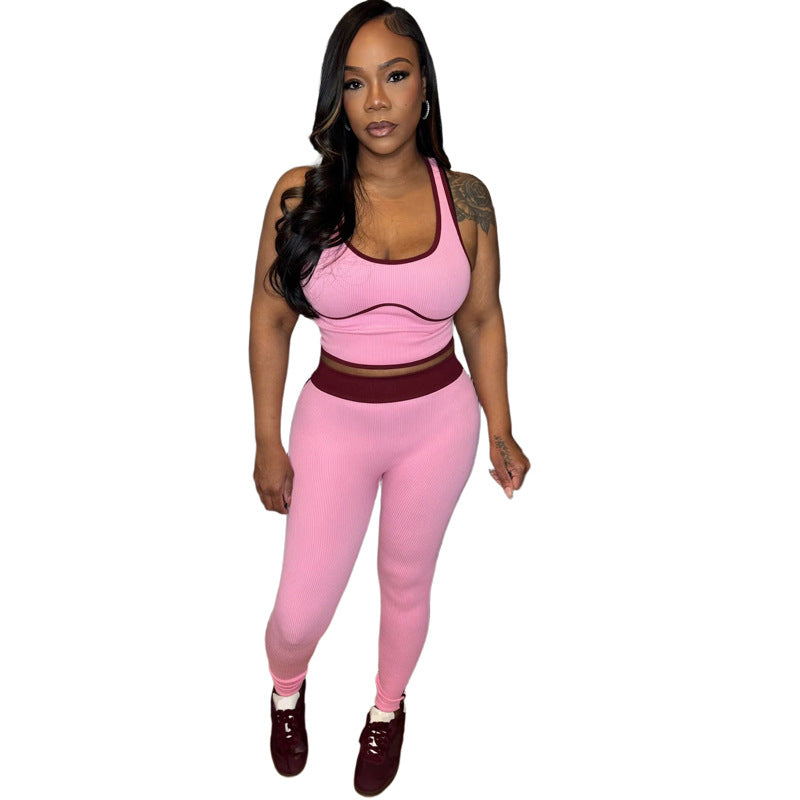 SXR spring sexy backless top high waist tight trousers contrast color sports suit