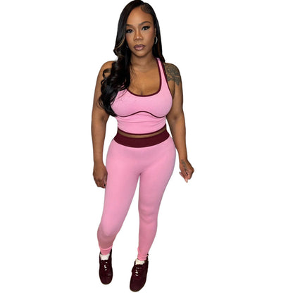SXR spring sexy backless top high waist tight trousers contrast color sports suit