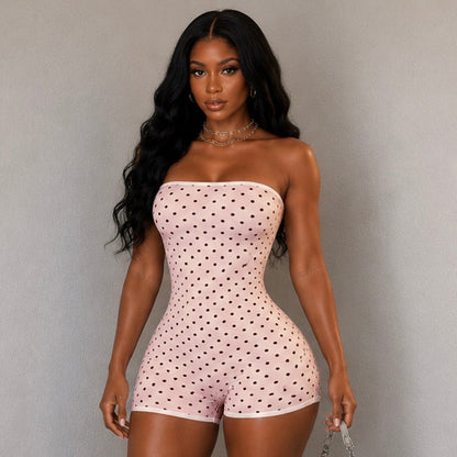 DZHT D26RP192 polka dot print contrast color tube top tight one-piece shorts