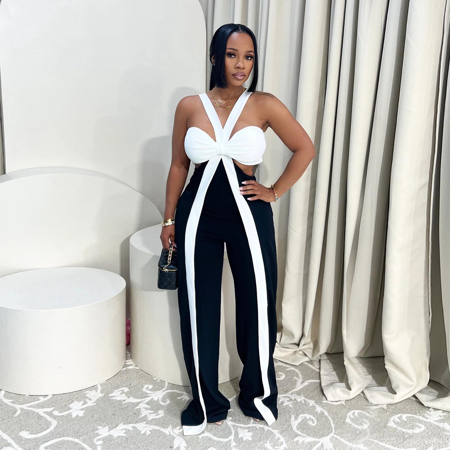 XYZ C7539 shoulder strap tube top casual wide leg jumpsuit