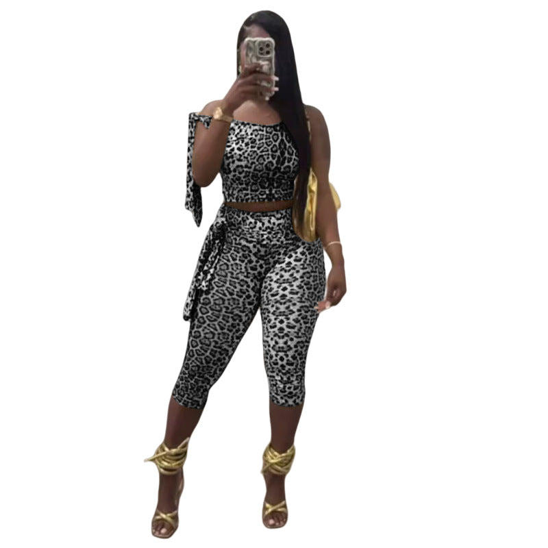 MZ (S-2XL) leopard print MZ88617 stretch lace-up cropped pants suit