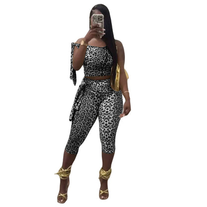 MZ (S-2XL) leopard print MZ88617 stretch lace-up cropped pants suit