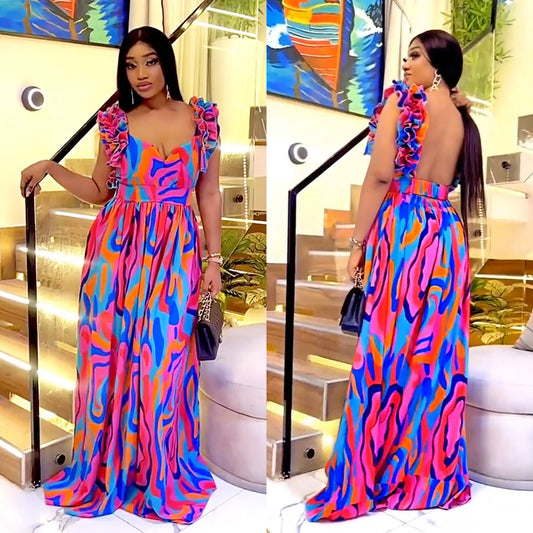 XYZ C7512 elegant ruffled shoulder strap printed dress