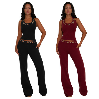 XYZ C7558 casual slim fit eyelet button top and trousers suit