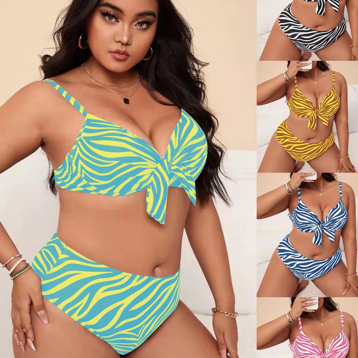 LF (L-4XL) women's split color printing swimsuit plus size