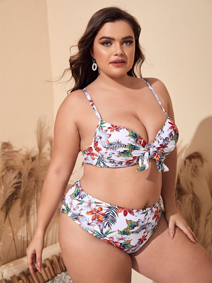 LF (L-4XL) women's split color printing swimsuit plus size