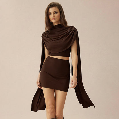 DZHT C25ST414 swing collar design shawl pleated top and skirt suit