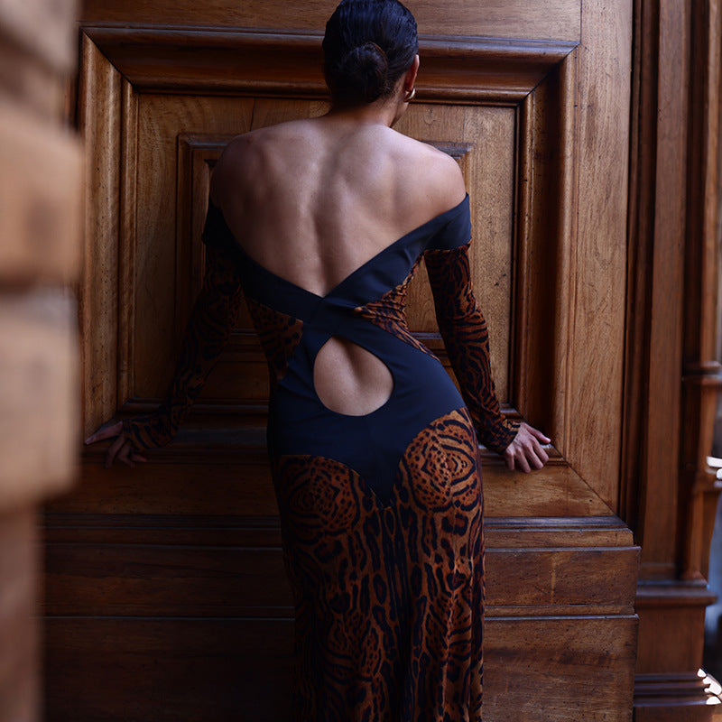 DLS off-shoulder hollow backless leopard print slim-fit long-sleeved dress