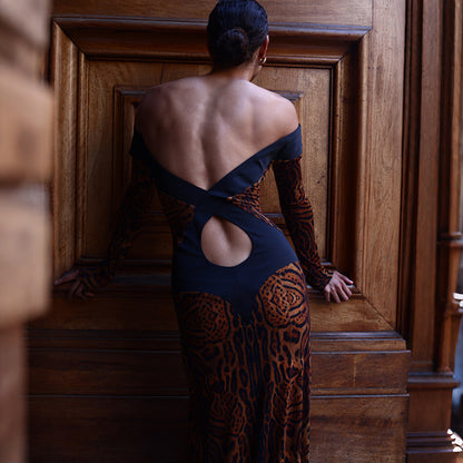 DLS off-shoulder hollow backless leopard print slim-fit long-sleeved dress