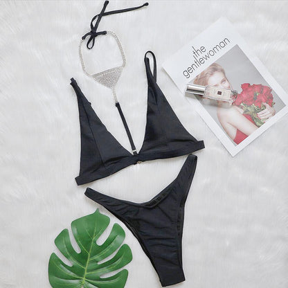 Bikini sexy luxury crystal diamond necklace blouse three-piece set