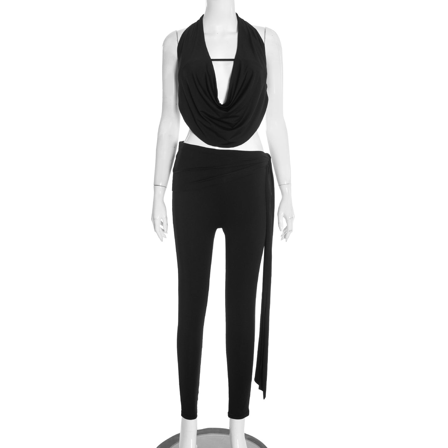 DZHT J25ST477 winter draping effect top waist belt leggings suit