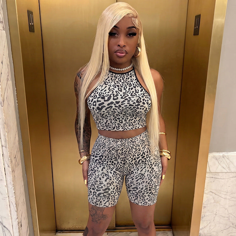 DZHT J26ST217 leopard print midriff-baring camisole tight shorts two-piece suit