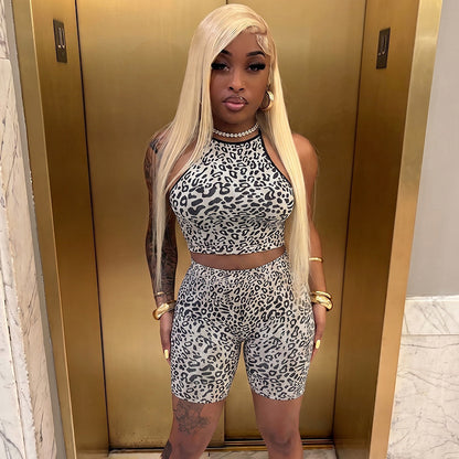 DZHT J26ST217 leopard print midriff-baring camisole tight shorts two-piece suit