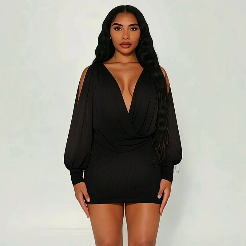 DZHT J26DS261 summer solid color long sleeve draped collar backless sheath dress short skirt
