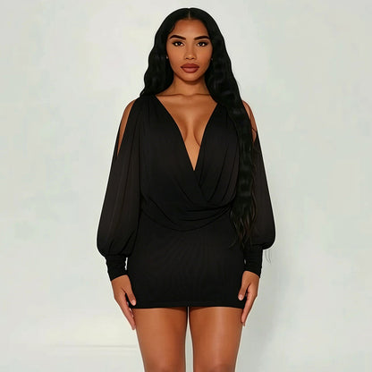 DZHT J26DS261 summer solid color long sleeve draped collar backless sheath dress short skirt