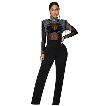 XYZ C7579 sheer mesh hot drilling long sleeve jumpsuit