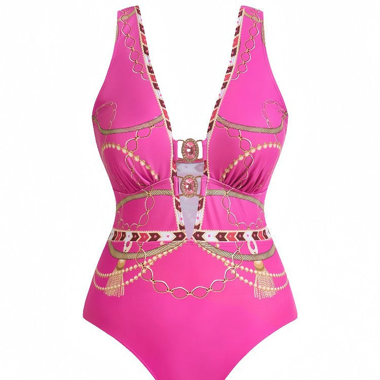 CL (L-4XL) plus size swimsuit deep V one-piece with cover Hanfu long robe two-piece set printed sexy bikini