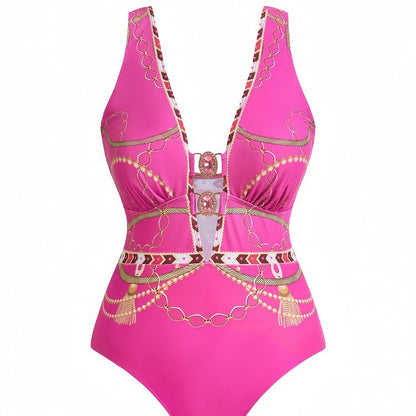 CL (L-4XL) plus size swimsuit deep V one-piece with cover Hanfu long robe two-piece set printed sexy bikini