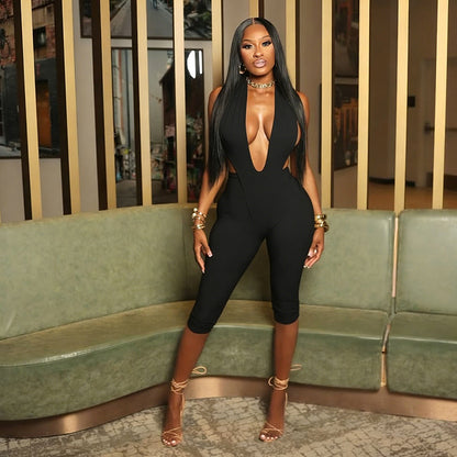 DLS Spring sexy deep V-neck personality stitching tight five-point jumpsuit