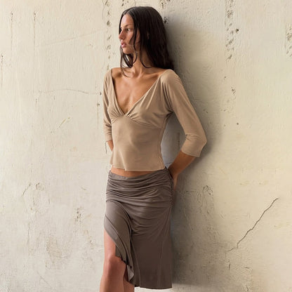 DLS summer deep V-neck backless half sleeve T-shirt cinched slimming pullover