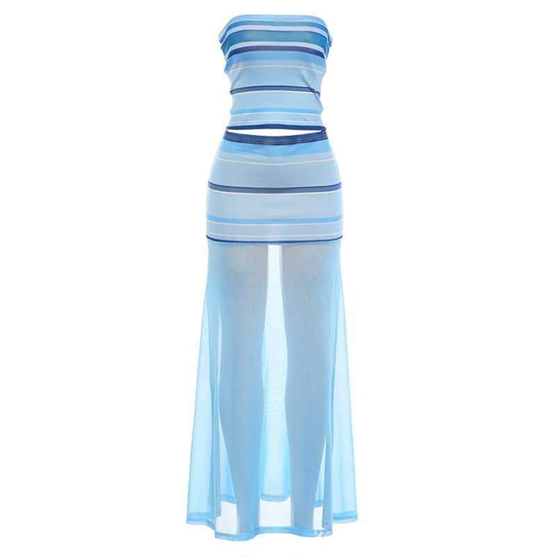 SXR spring striped tube top vest mesh semi see-through long skirt suit