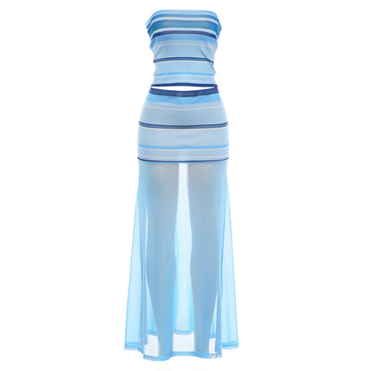 SXR spring striped tube top vest mesh semi see-through long skirt suit