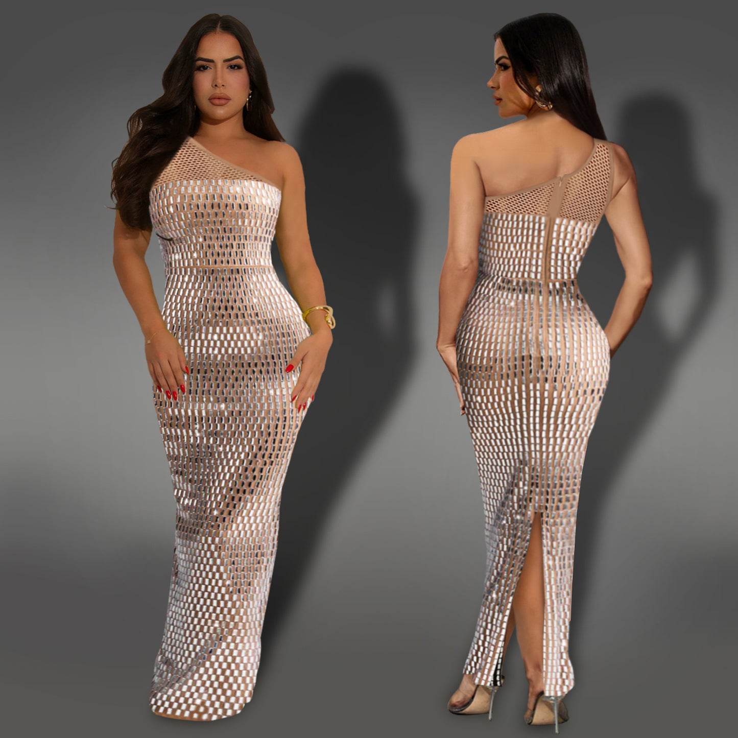 XYZ C7422 mesh rhinestone shoulder sleeveless dress