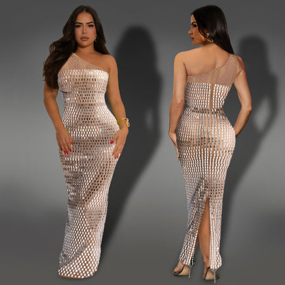 XYZ C7422 mesh rhinestone shoulder sleeveless dress