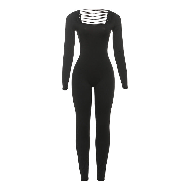 SXR autumn and winter U-collar backless lace up long-sleeved solid color hip-lifting jumpsuit