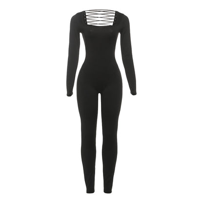 SXR autumn and winter U-collar backless lace up long-sleeved solid color hip-lifting jumpsuit