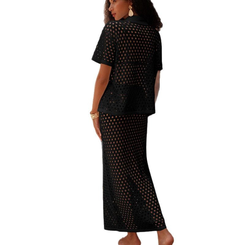 CYB Beach short-sleeved cardigan dress see-through knitted sun protective blouse suit