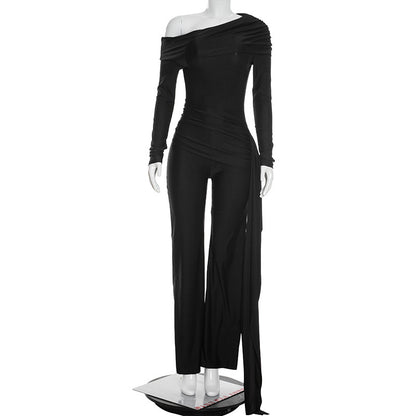DZHT Q25JP441 long sleeve tight fashion off shoulder jumpsuits