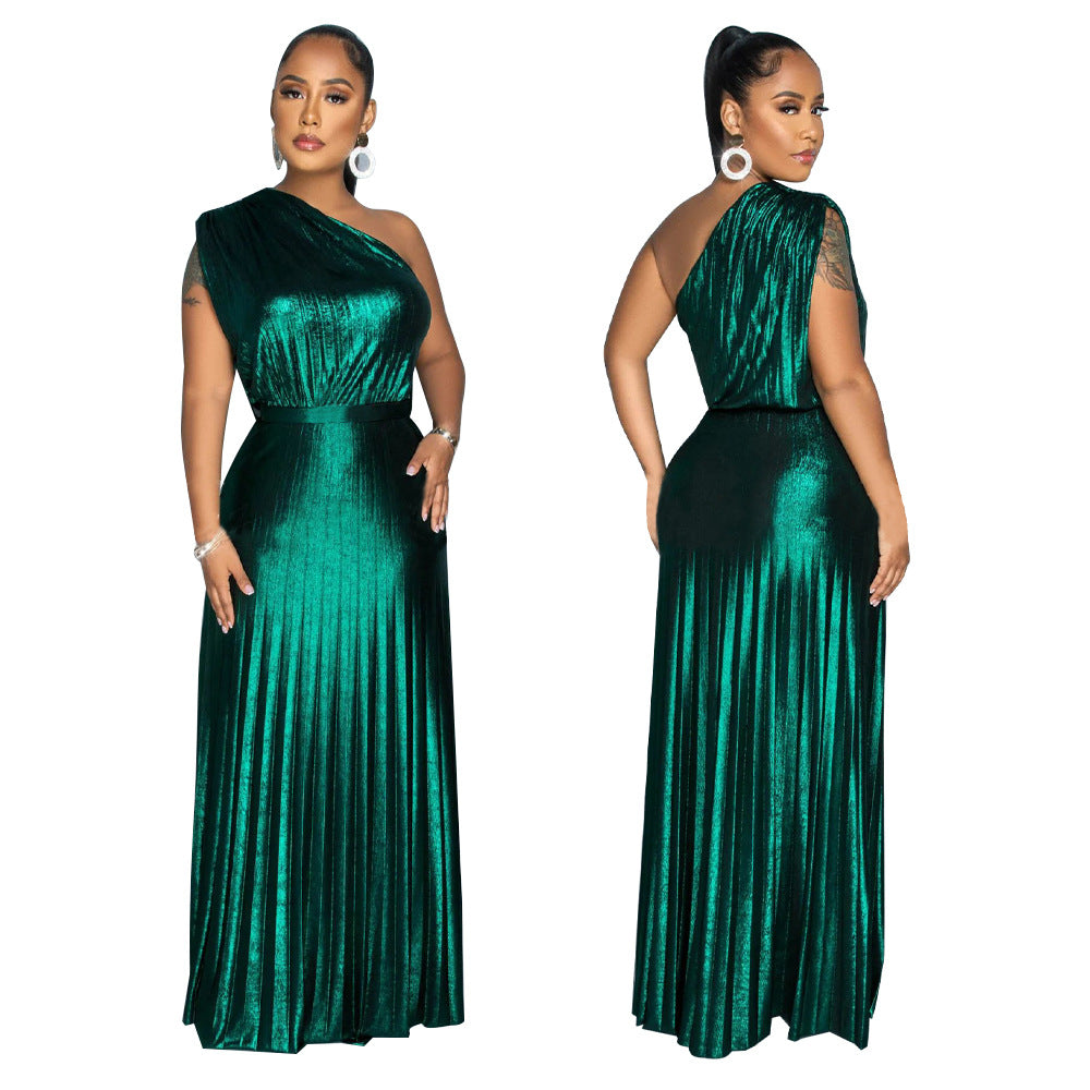 MYF (S-2XL) K10693 diagonal collar sleeveless pleated dress