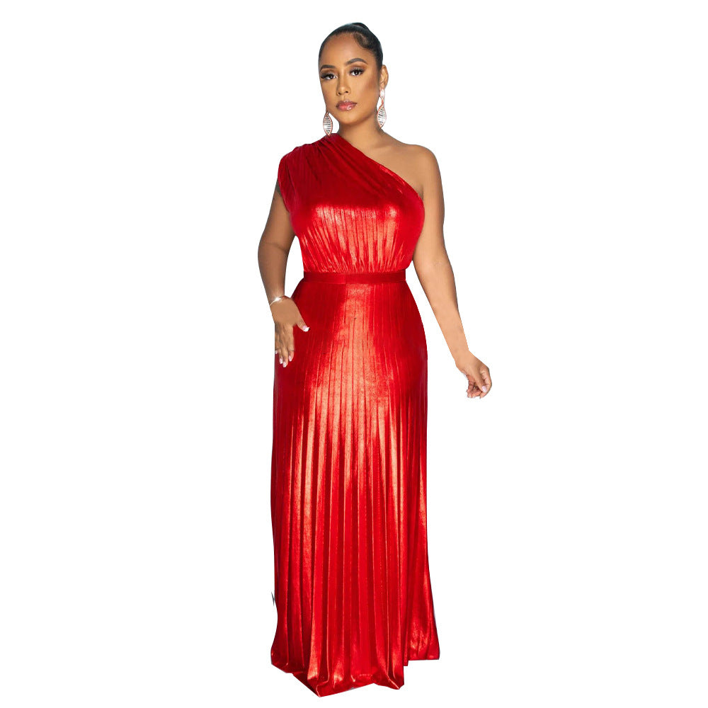 MYF (S-2XL) K10693 diagonal collar sleeveless pleated dress