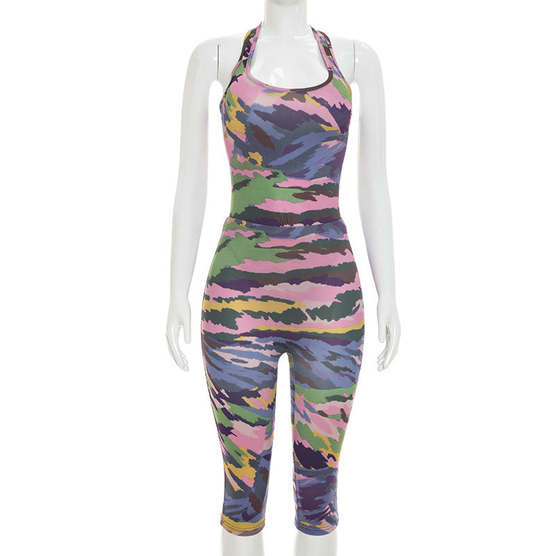 DZHT J26ST195 printed sleeveless leotard tight cropped pants two-piece suit