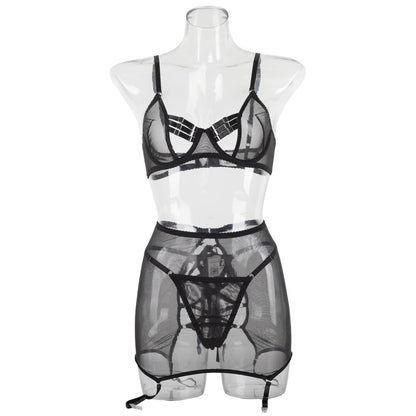 Mesh complex waist of trousers skirt Garter buckle sexy lingerie with steel ring three-piece set 1601