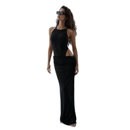 DLS Spring round neck sleeveless leotard sexy see-through sheath split skirt suit