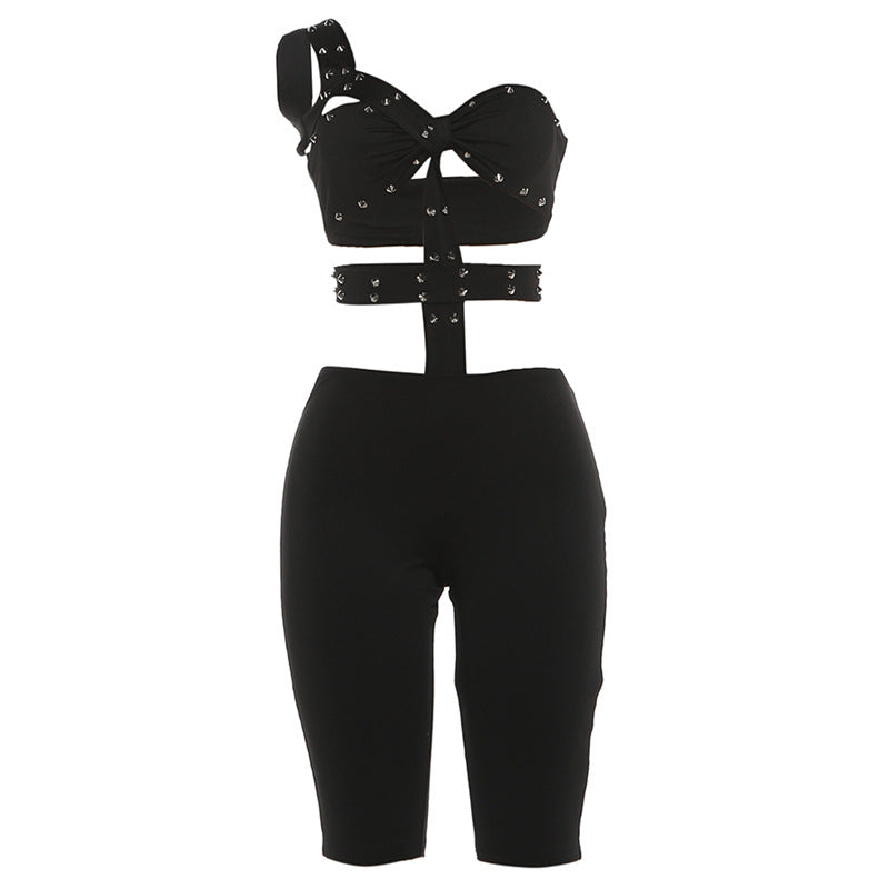 DLS Spring trend personality rivets sexy cutout tight five-point jumpsuit