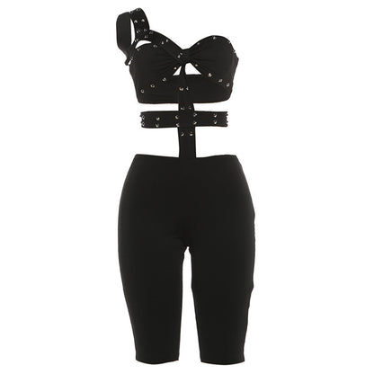 DLS Spring trend personality rivets sexy cutout tight five-point jumpsuit