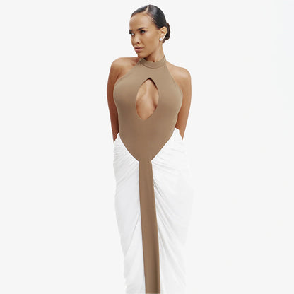 DZHT D25DS548 halter sleeveless hollow contrast color ribbon slit dress