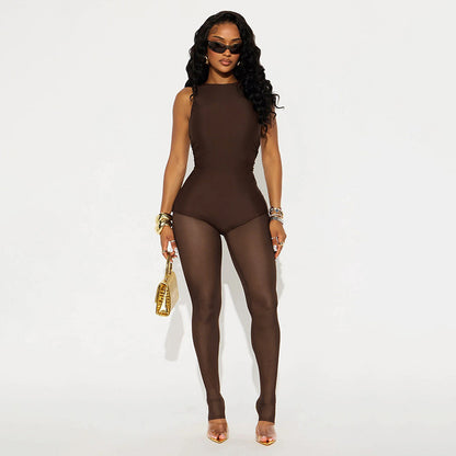 DZHT C25JP457 nude feel tight 2026 Summer Fashion mesh see-through sleeveless jumpsuit