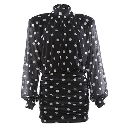 SXR winter fashion polka dot design turtleneck backless hip-wrapped short dress