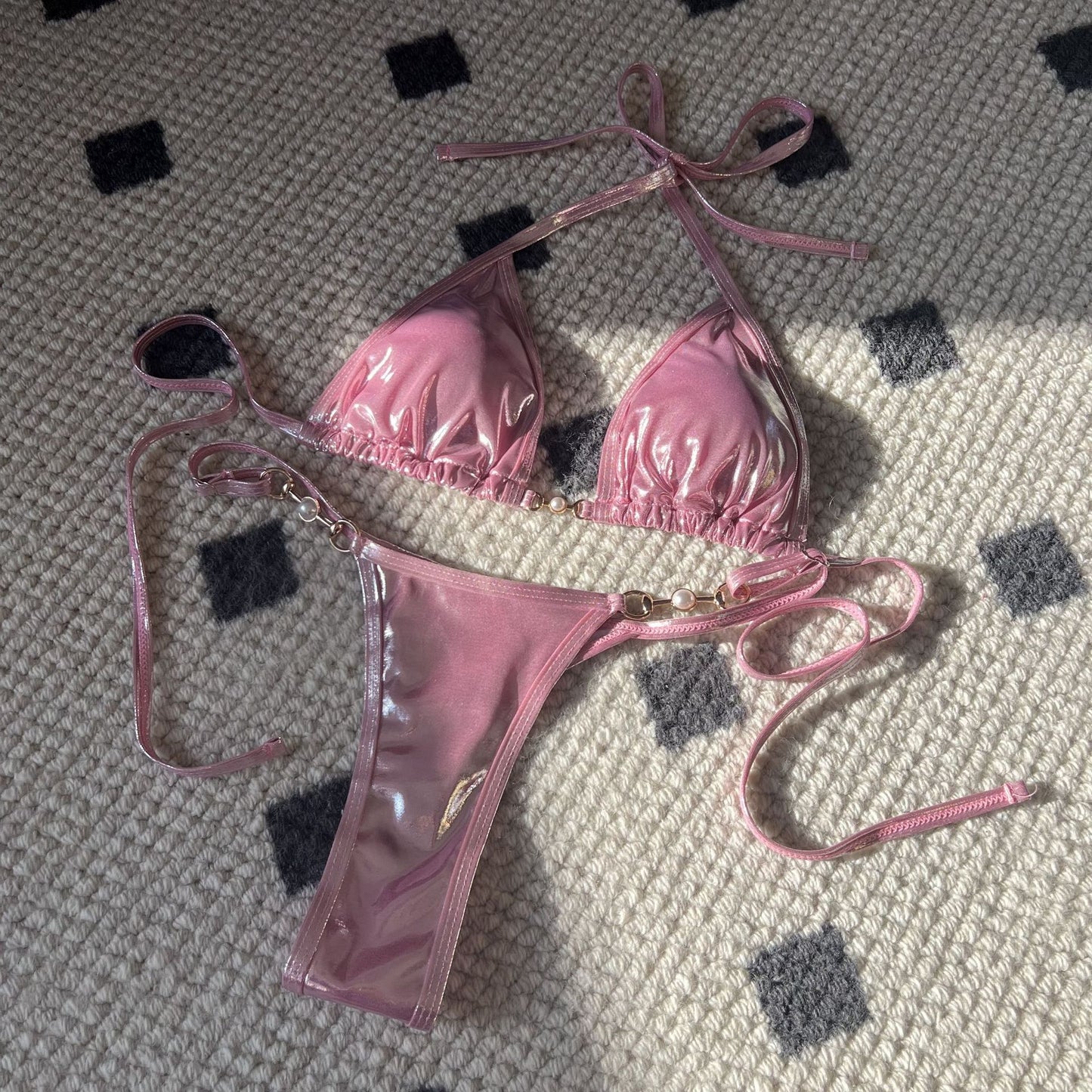 (4 days ready to ship) SY glossy Pearl T-shaped bikini swimsuit