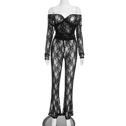 DZHT J25ST447 autumn and winter long sleeve off-shoulder off-the-shoulder lace suit