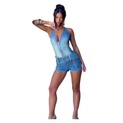 MZ (S-2XL) denim MZ88646 halter lace-up stretch one-piece shorts