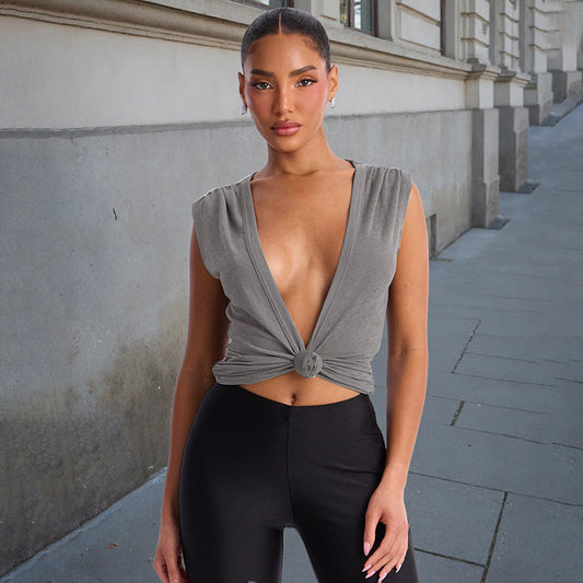 DZHT C26TP090 spring/summer solid color deep V-neck knotted sleeveless short top T-shirt