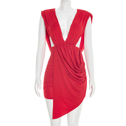 DZHT D26DS053 spring fashion deep V-neck sleeveless hollow pleated dress